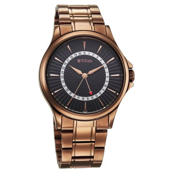 Titan 10038QM01 | Titan Karishma Quartz Analog with Date Black Dial Stainless Steel Strap Watch For Men