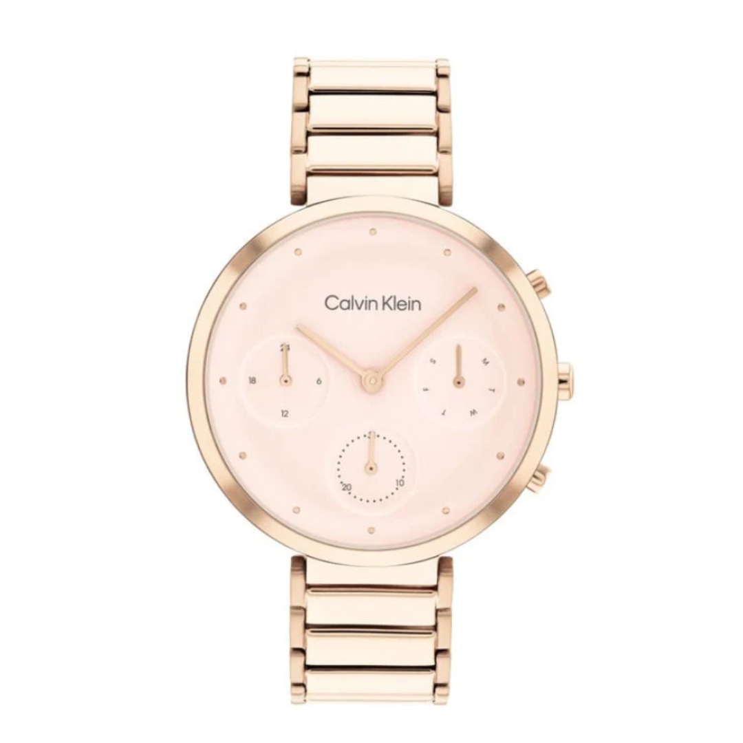 Calvin Klein 25200283 | Minimalistic T-Bar Women Quartz Pink Dial Chronograph Stainless Steel Watch.