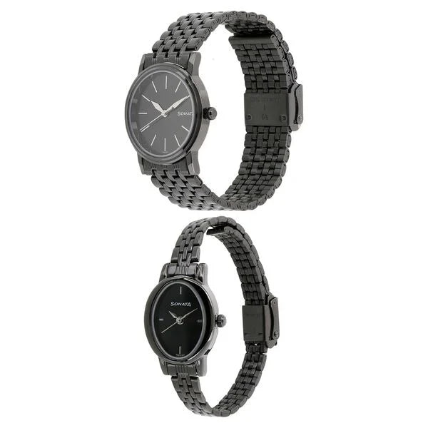 Sonata Pair 11418100NM01 | Sonata Quartz Analog Black Dial Metal Strap Watch for Couple