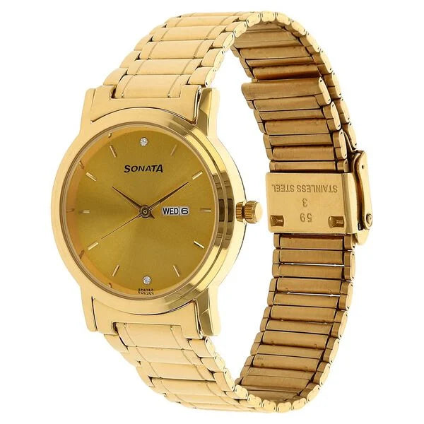 Sonata 1141NM | Sonata Quartz Analog with Day and Date Champagne Dial Stainless Steel Strap Watch for Men
