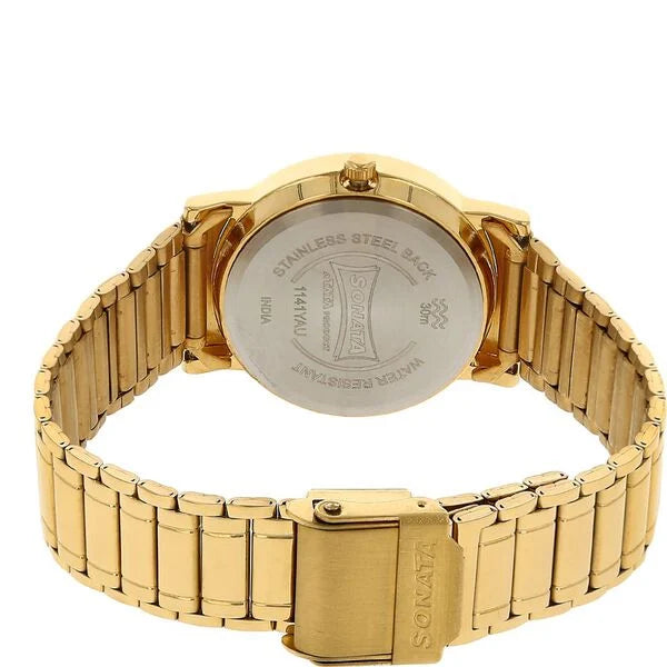 Sonata 1141NM | Sonata Quartz Analog with Day and Date Champagne Dial Stainless Steel Strap Watch for Men