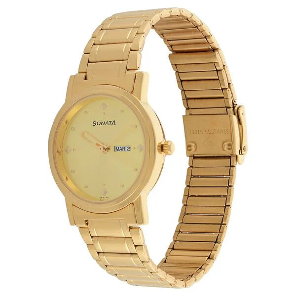 Sonata NK1141YM13 | Sonata Quartz Analog Champagne Dial Metal Strap Watch for Men