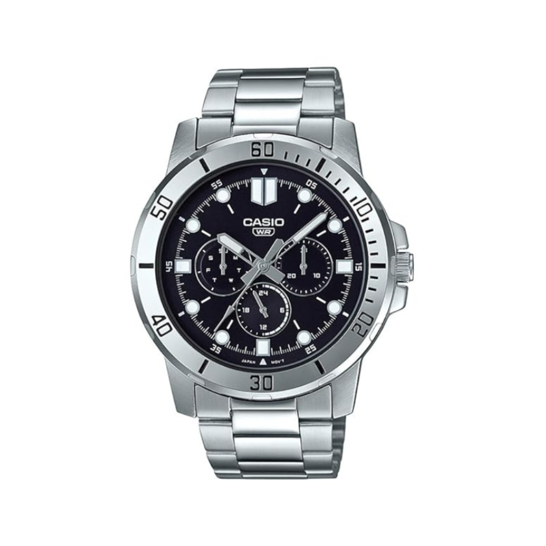 Casio MTP-VD300D-1EUDF A1748 | Enticer Men Quartz Black Dial Multi-Function Stainless Steel Watch