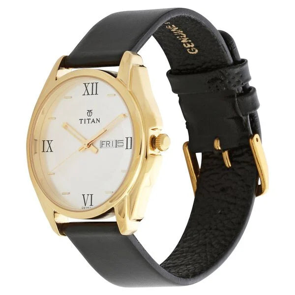Titan 1578YL04 | Titan Quartz Analog with Day and Date Silver Dial Leather Strap Watch for Men