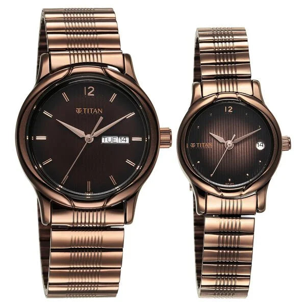Titan Pair 15802490QM01P | Titan Bandhan Quartz Analog with Date Brown Dial Stainless Steel Strap Watch for Couple