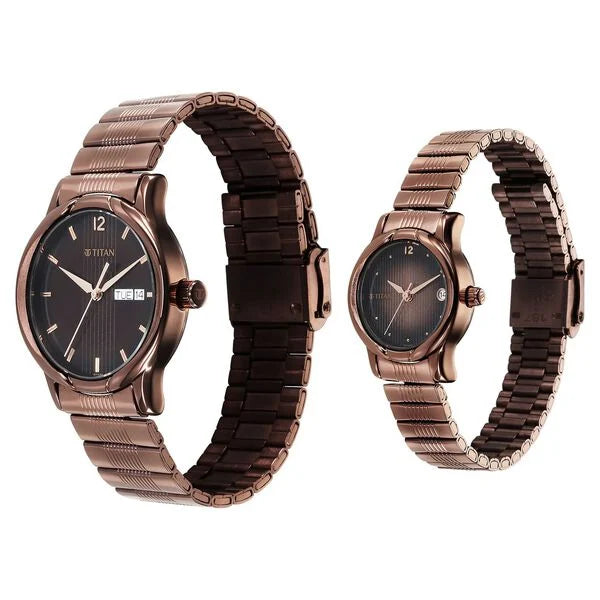 Titan Pair 15802490QM01P | Titan Bandhan Quartz Analog with Date Brown Dial Stainless Steel Strap Watch for Couple