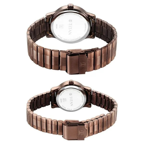 Titan Pair 15802490QM01P | Titan Bandhan Quartz Analog with Date Brown Dial Stainless Steel Strap Watch for Couple