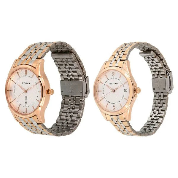Titan Pair 16362565KM01P | Titan Quartz Analog with Day and Date Silver Dial Stainless Steel Strap Watch for Couple