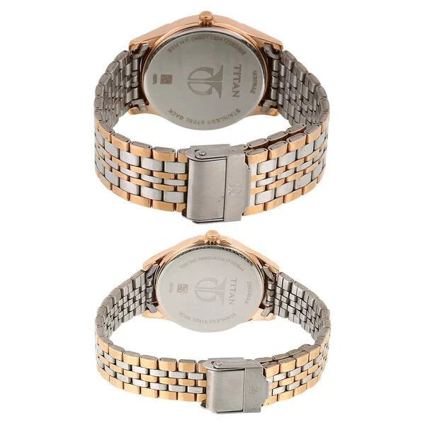 Titan Pair 16362565KM01P | Titan Quartz Analog with Day and Date Silver Dial Stainless Steel Strap Watch for Couple