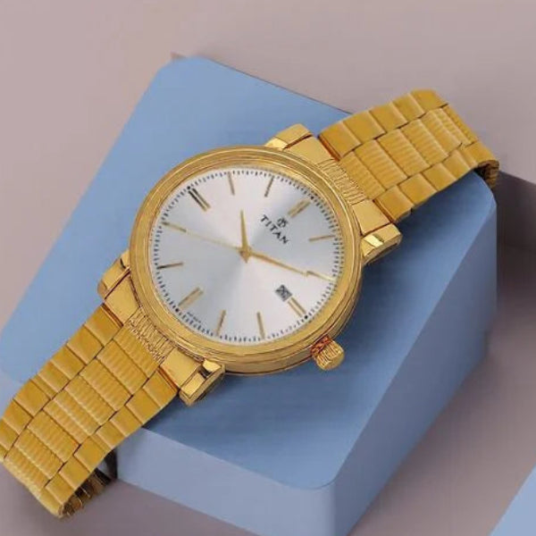 Titan 1712YM02 | Titan Quartz Analog with Date Silver Dial Golden Stainless Steel Strap Watch For Men