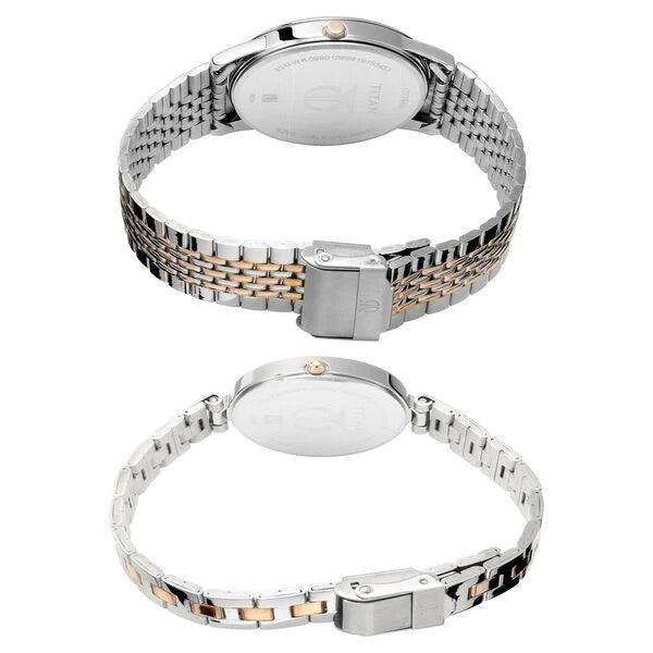 Titan Pair 17732603KM01P | Titan Bandhan Quartz Analog Silver Dial Two Toned Stainless Steel Strap Watch For Couple