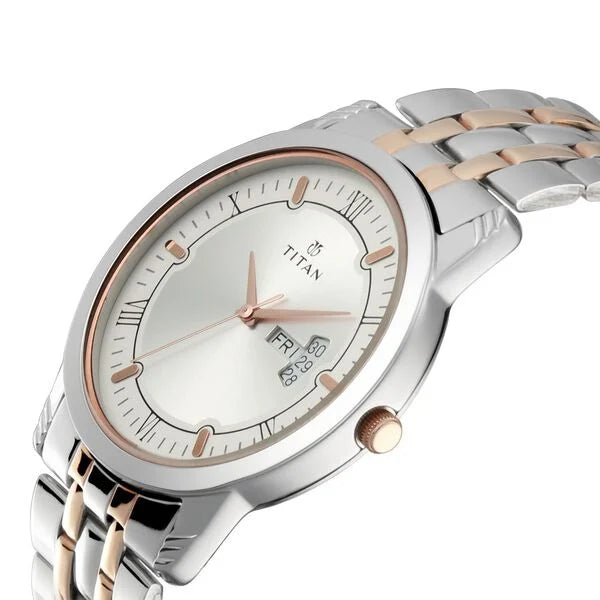 Titan Pair 17742565KM01P | Titan Bandhan Quartz Analog with Day and Date Silver Dial Stainless Steel Strap Watch for Couple