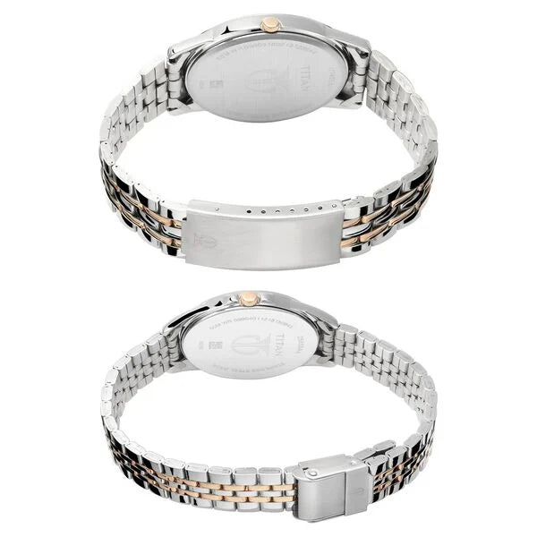 Titan Pair 17742565KM01P | Titan Bandhan Quartz Analog with Day and Date Silver Dial Stainless Steel Strap Watch for Couple