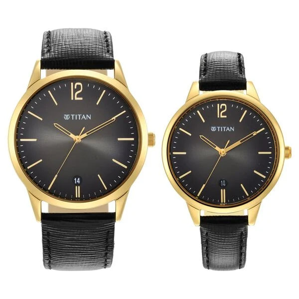 The Titan Pair 18062617YL01 | Titan Bandhan Anthracite Dial Analog Leather Strap Watch for Couple.