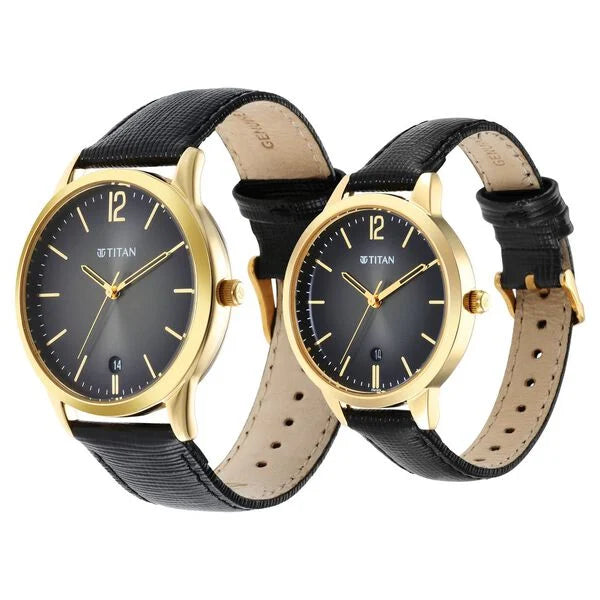 The Titan Pair 18062617YL01 | Titan Bandhan Anthracite Dial Analog Leather Strap Watch for Couple.