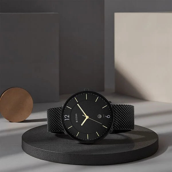 Titan 1849NM02 | Titan - Black and Gold Collection - Quartz Analog Black Dial Black Stainless Steel Strap watch for Men