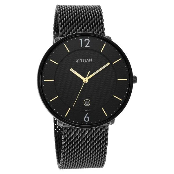 Titan 1849NM02 | Titan - Black and Gold Collection - Quartz Analog Black Dial Black Stainless Steel Strap watch for Men