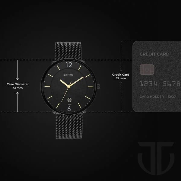 Titan 1849NM02 | Titan - Black and Gold Collection - Quartz Analog Black Dial Black Stainless Steel Strap watch for Men