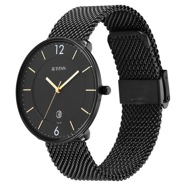 Titan 1849NM02 | Titan - Black and Gold Collection - Quartz Analog Black Dial Black Stainless Steel Strap watch for Men