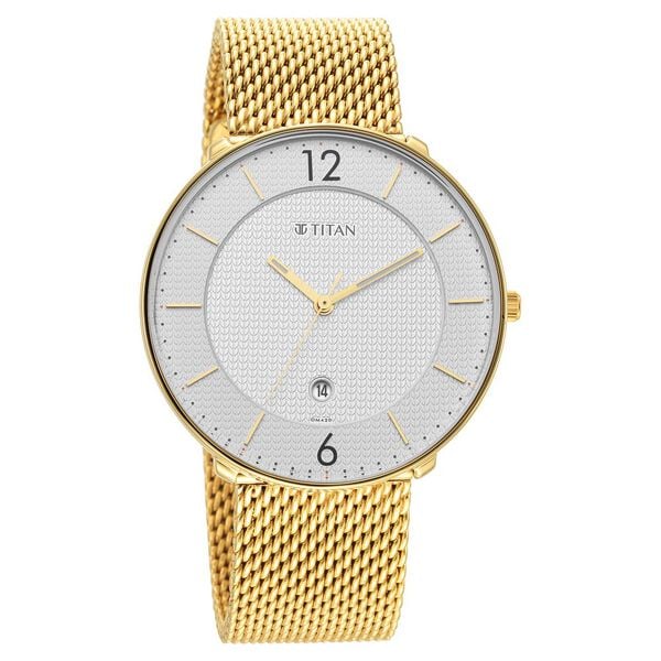 Titan 1849YM01 | Titan - Black and Gold Collection - Quartz Analog with Date White Dial Golden Stainless Steel Strap Watch for Men