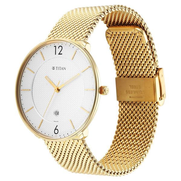 Titan 1849YM01 | Titan - Black and Gold Collection - Quartz Analog with Date White Dial Golden Stainless Steel Strap Watch for Men