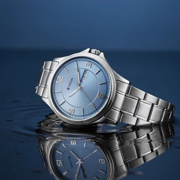 Titan 1870SM07 | Titan Neo Arabic Analog with Day Date Ice Blue Dial Silver Stainless Steel Strap Watch for Men