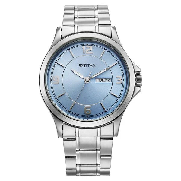 Titan 1870SM07 | Titan Neo Arabic Analog with Day Date Ice Blue Dial Silver Stainless Steel Strap Watch for Men