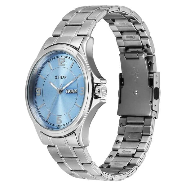 Titan 1870SM07 | Titan Neo Arabic Analog with Day Date Ice Blue Dial Silver Stainless Steel Strap Watch for Men