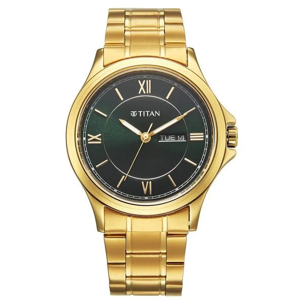 Titan 1870YM01 | Titan Karishma Quartz Analog with Day and Date Green Dial Golden Stainless Steel Strap Watch For Men