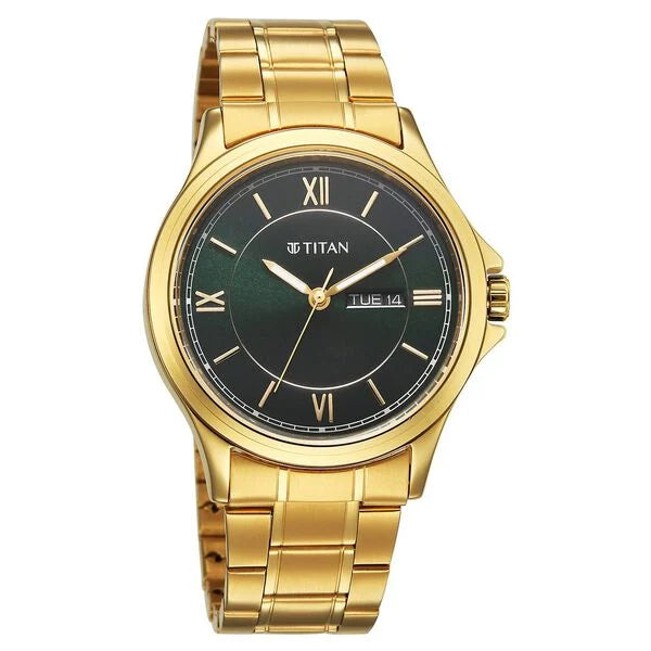 Titan 1870YM01 | Titan Karishma Quartz Analog with Day and Date Green Dial Golden Stainless Steel Strap Watch For Men