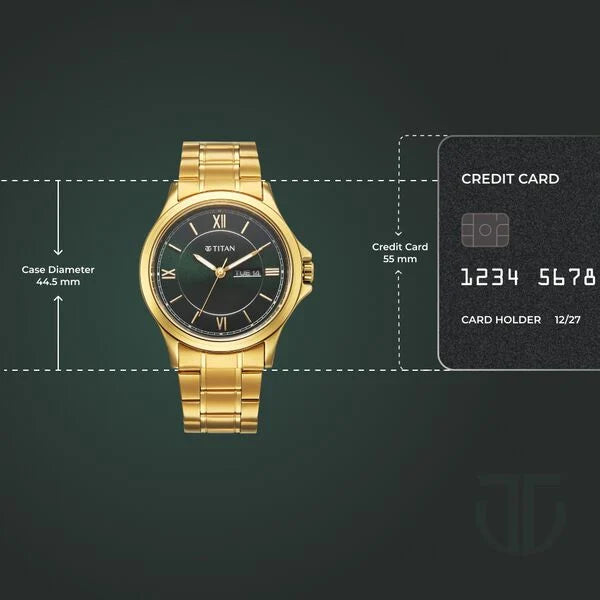 Titan 1870YM01 | Titan Karishma Quartz Analog with Day and Date Green Dial Golden Stainless Steel Strap Watch For Men