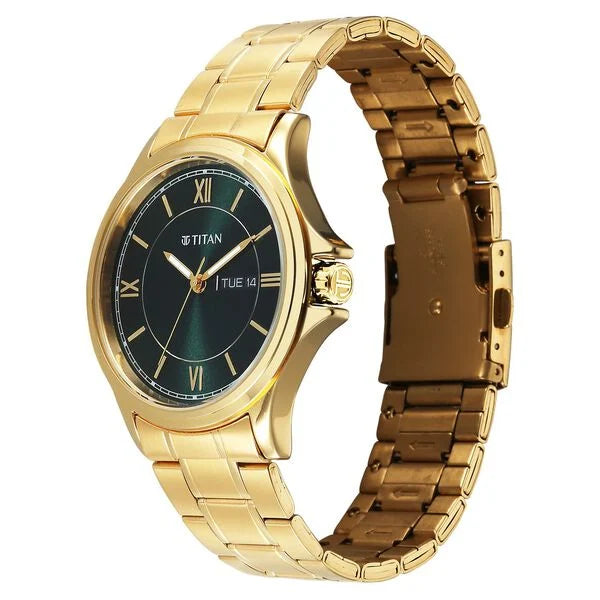 Titan 1870YM01 | Titan Karishma Quartz Analog with Day and Date Green Dial Golden Stainless Steel Strap Watch For Men