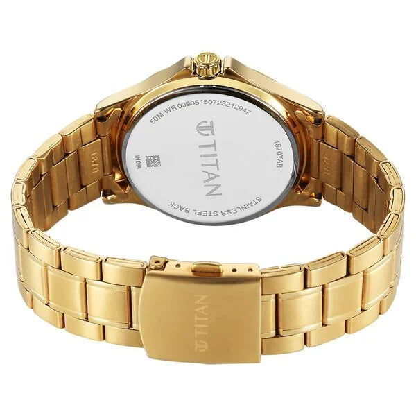 Titan 1870YM01 | Titan Karishma Quartz Analog with Day and Date Green Dial Golden Stainless Steel Strap Watch For Men