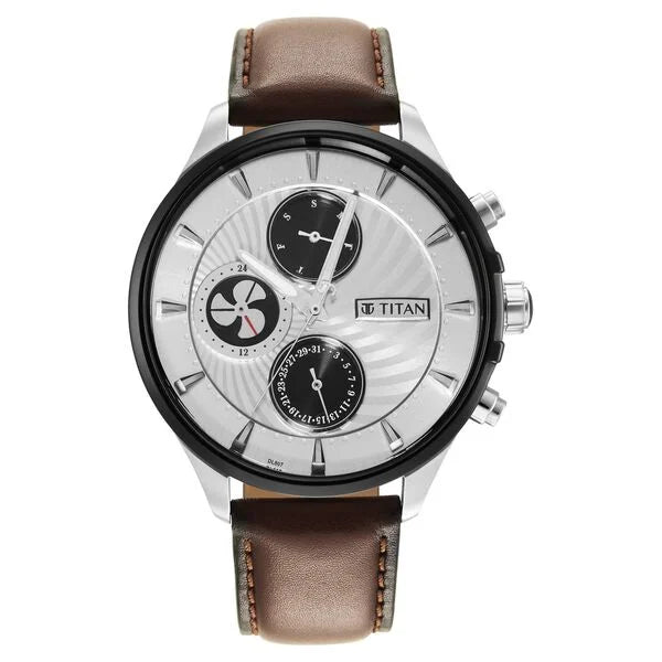 Titan 1873KL01 | Titan Maritime White Dial Quartz Multifunction Leather Strap Watch for Men