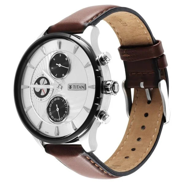 Titan 1873KL01 | Titan Maritime White Dial Quartz Multifunction Leather Strap Watch for Men