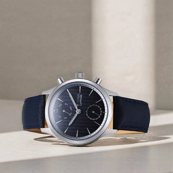 Titan 1874SL02 | Titan Sapphire Multifunction Quartz Analog with Day and Date Blue Dial Leather Strap Watch for Men