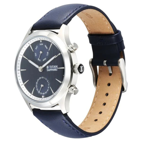 Titan 1874SL02 | Titan Sapphire Multifunction Quartz Analog with Day and Date Blue Dial Leather Strap Watch for Men