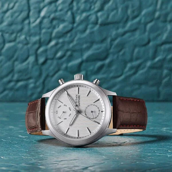 Titan 1874SL03 | Titan Sapphire Multifunction Quartz Analog with Day and Date White Dial Leather Strap Watch for Men