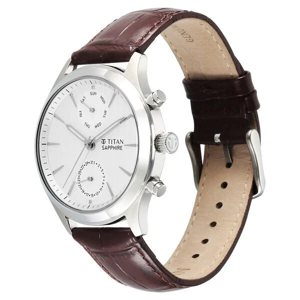 Titan 1874SL03 | Titan Sapphire Multifunction Quartz Analog with Day and Date White Dial Leather Strap Watch for Men