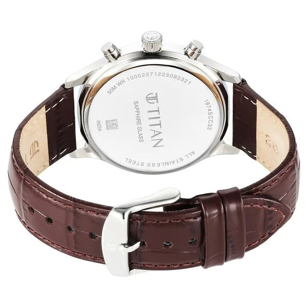 Titan 1874SL03 | Titan Sapphire Multifunction Quartz Analog with Day and Date White Dial Leather Strap Watch for Men
