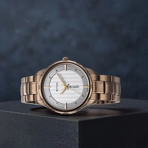 Titan 1875QM01 | Titan Regalia Opulent Quartz Analog with Day and Date White Dial Brown Metal Strap Watch For Men