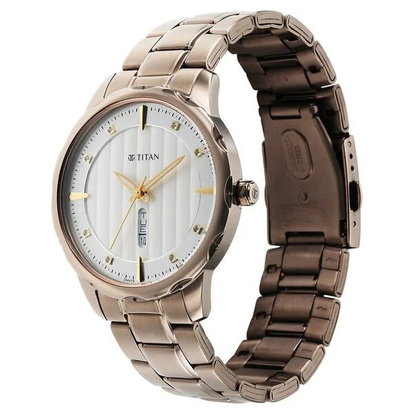Titan 1875QM01 | Titan Regalia Opulent Quartz Analog with Day and Date White Dial Brown Metal Strap Watch For Men