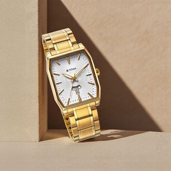 Titan 1876YM02 | Titan Regalia Opulent Quartz Analog with Day and Date White Dial Golden Metal Strap Watch For Men