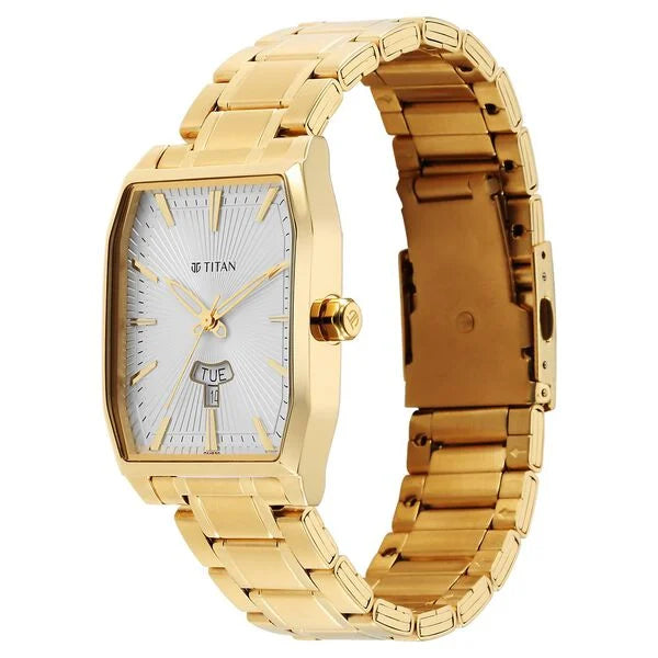 Titan 1876YM02 | Titan Regalia Opulent Quartz Analog with Day and Date White Dial Golden Metal Strap Watch For Men