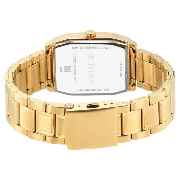 Titan 1876YM02 | Titan Regalia Opulent Quartz Analog with Day and Date White Dial Golden Metal Strap Watch For Men