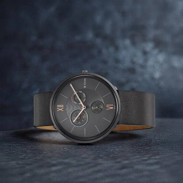 Titan 1877QL01 | Titan Slim Quartz Multifunction Grey Dial Quartz Leather Strap Watch for Men
