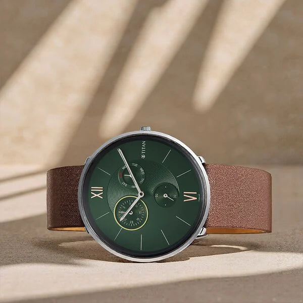 Titan 1877SL01 | Titan Slim Quartz Multifunction Teal Dial Quartz Leather Strap watch for Men