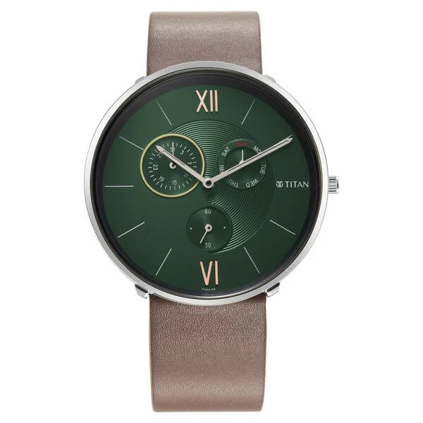 Titan 1877SL01 | Titan Slim Quartz Multifunction Teal Dial Quartz Leather Strap watch for Men