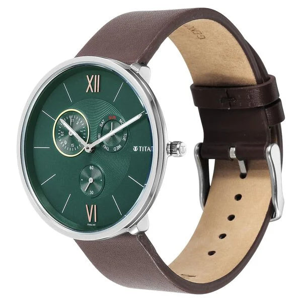 Titan 1877SL01 | Titan Slim Quartz Multifunction Teal Dial Quartz Leather Strap watch for Men
