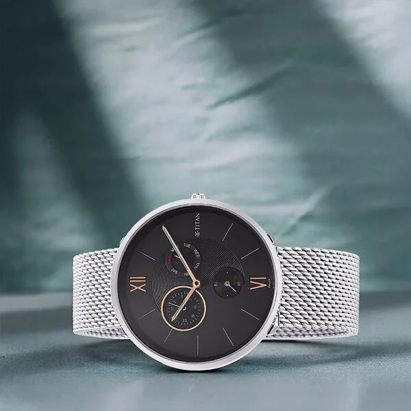 Titan 1877SM01 | Titan Slim Quartz Multifunction Black Dial Stainless Steel Strap watch for Men